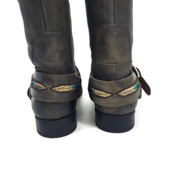 Lucky Brand May Tall Boho Grey Leather Pull On Embroidered Riding Boots Size 9 - Picture 5 of 13